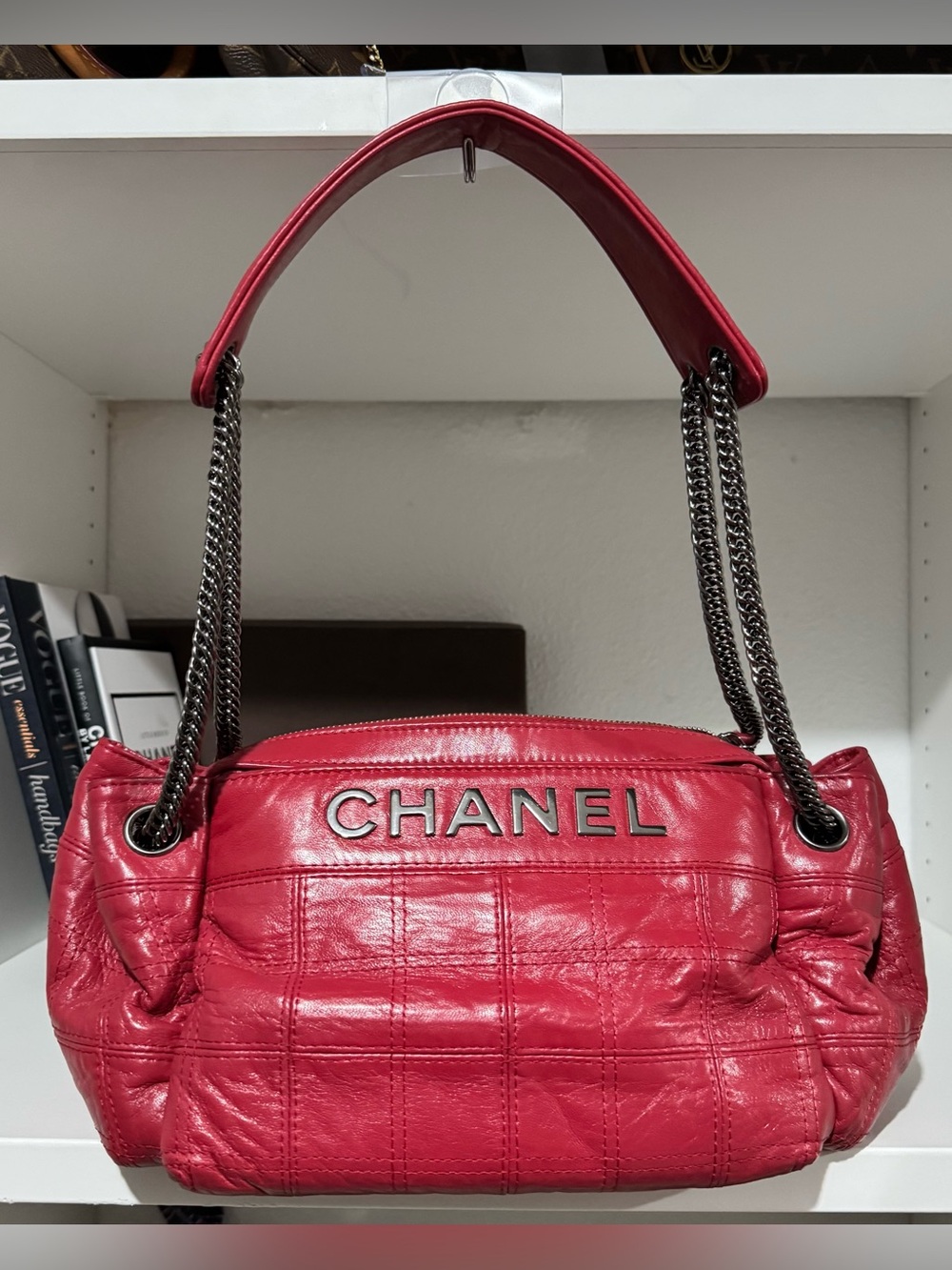 CHANEL Red Quilted Leather Shoulder Bag with Chain Detail